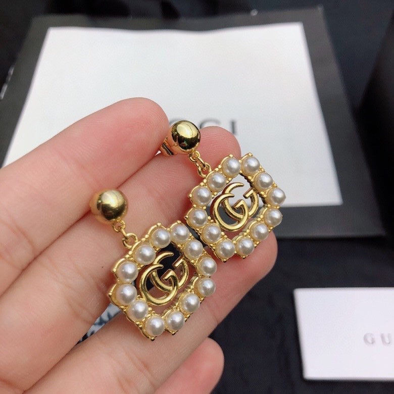 18K Double G Square Pearls Earrings
