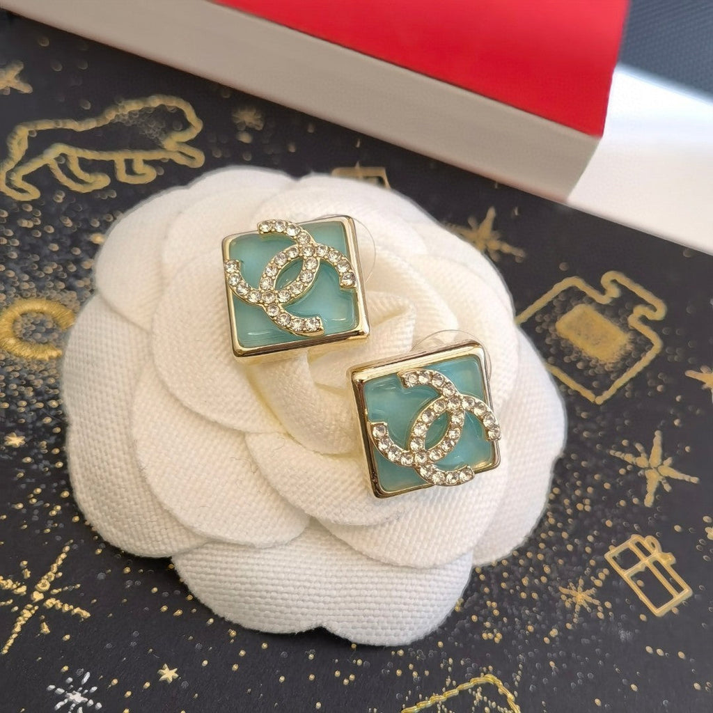 18K CC Blue Resin Earrings